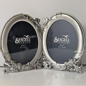Vintage Seagull Pewter Hinged Double Oval Photo Picture Frame Floral Cottagecore